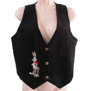 Western Bugs Bunny Embroidered ON Black Suede Vest Brass Snaps Satin Tie Back